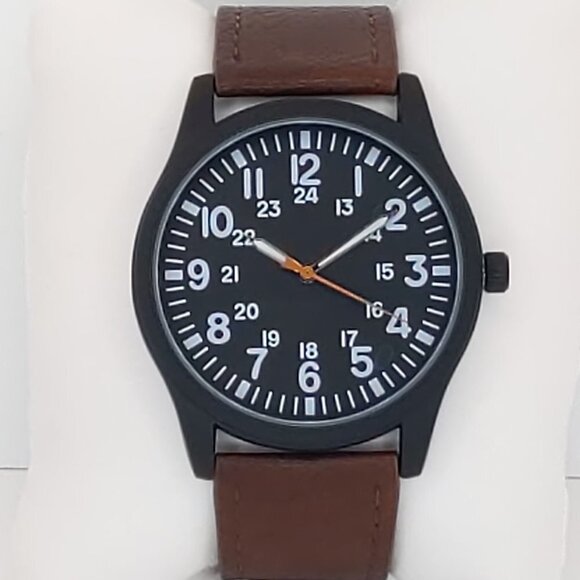 Men's Quartz Field Watch Black Case Brown Leather Strap 42mm - Picture 3 of 11
